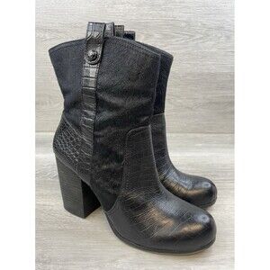 Vince Camuto Women's Boot Black Leather 9 Heel Zip Fur Croc Print Fall Shoes